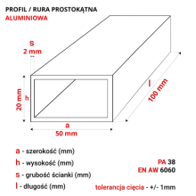 Rura aluminiowa prostokątna 50x20x2mm