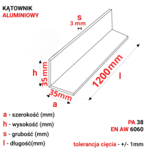 Kątownik aluminiowy 35x35x3mm